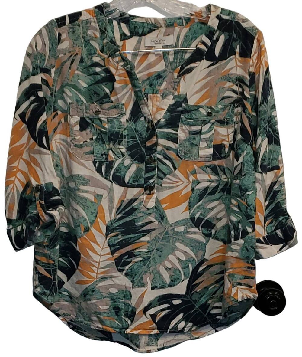Coral Bay Women's Linen Blend Palm Leaf 3/4 Sleeve Petite Medium Pm